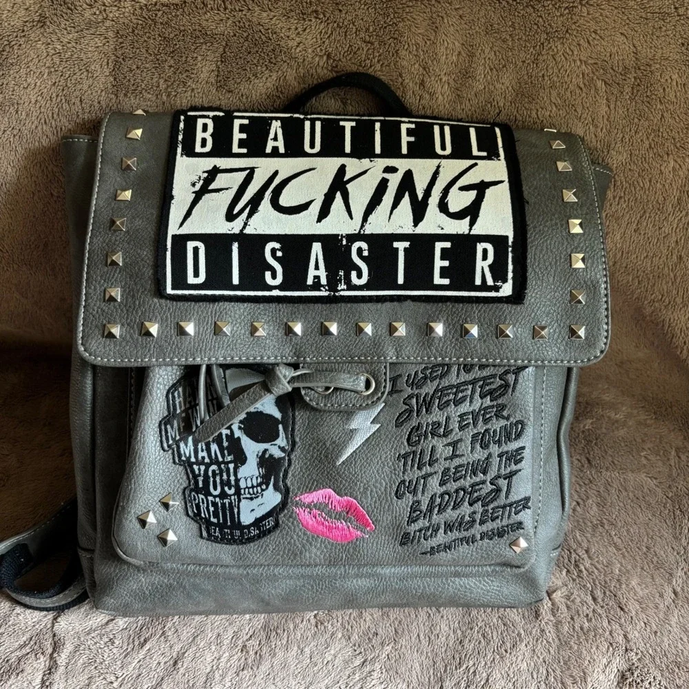 Beautiful Disaster Grey Studded Convertible Backpack Crossbody Bag Skull Punk